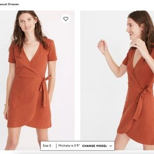 NWT Madewell Texture & Thread Short-Sleeve Side-Tie Wrap Dress Orange XS